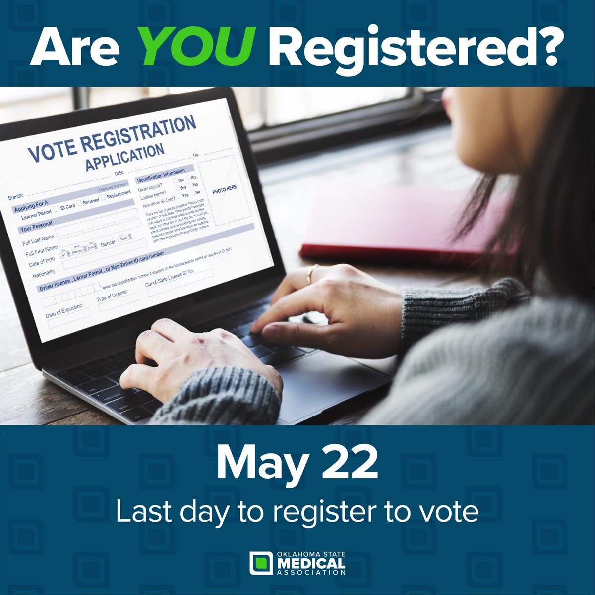 OKMed's tweet photo. Are you registered to vote? May 22 is the last day to register to vote in the June 16 Primary. To register or view a sample ballot, visit the OK Voter Portal: https://t.co/7xRr1TAxib https://t.co/G8uVCW9sOH