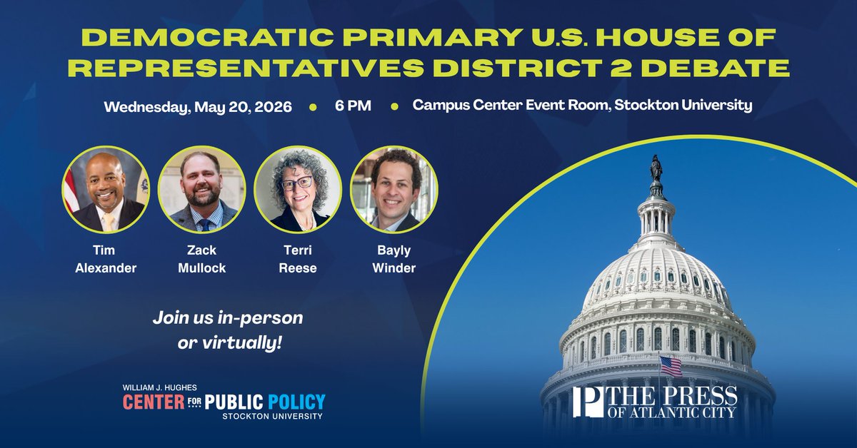 HughesCenter's tweet photo. Join us tomorrow at 6 p.m. in the Campus Center Event Room at @Stockton_edu for the Democratic Primary Debate for Congressional District 2. Can’t make it in person? Watch the livestream here: https://t.co/9hxFwmSKib https://t.co/5DRGRPnOQL