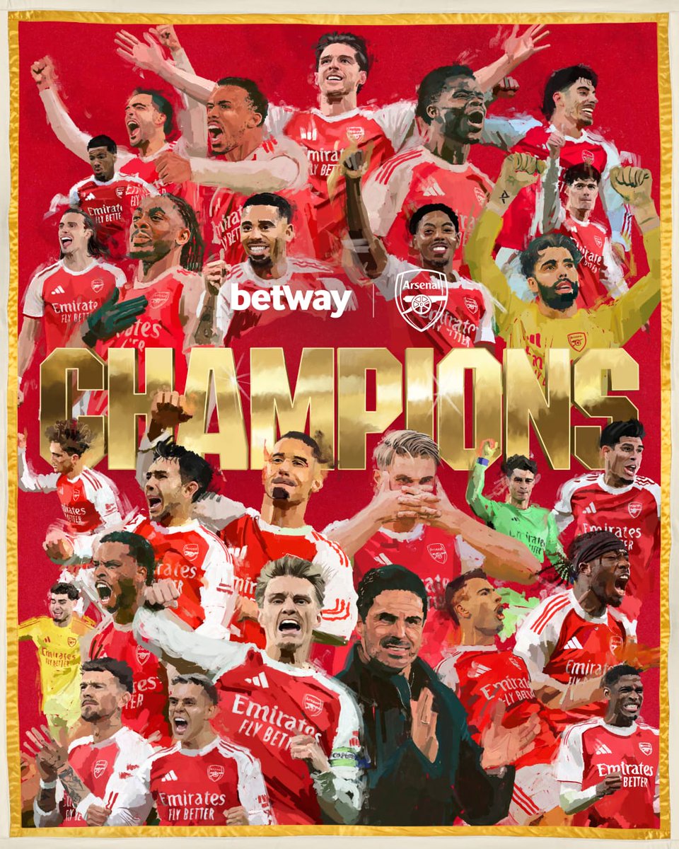 BetwayTanzania's tweet photo. ARSENAL MABINGWA WAPYA WA EPL.๐๐ฅ
Kama wewe ni shabiki wa ARSENAL dondosha Comment yako kuonesha love kwa chama lako.๐๐ฅณ
18+. Bashiri Kistaarabu.
#Bingwa https://t.co/fROEWdQGez