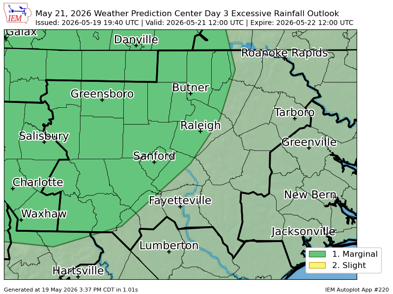 iembot_rah's tweet photo. WPC issues Day 3 Marginal Risk Excessive Rainfall Outlook at May 19, 19:40z for RAH https://t.co/EwBTJVfhiw https://t.co/9VoVCVJAHz
