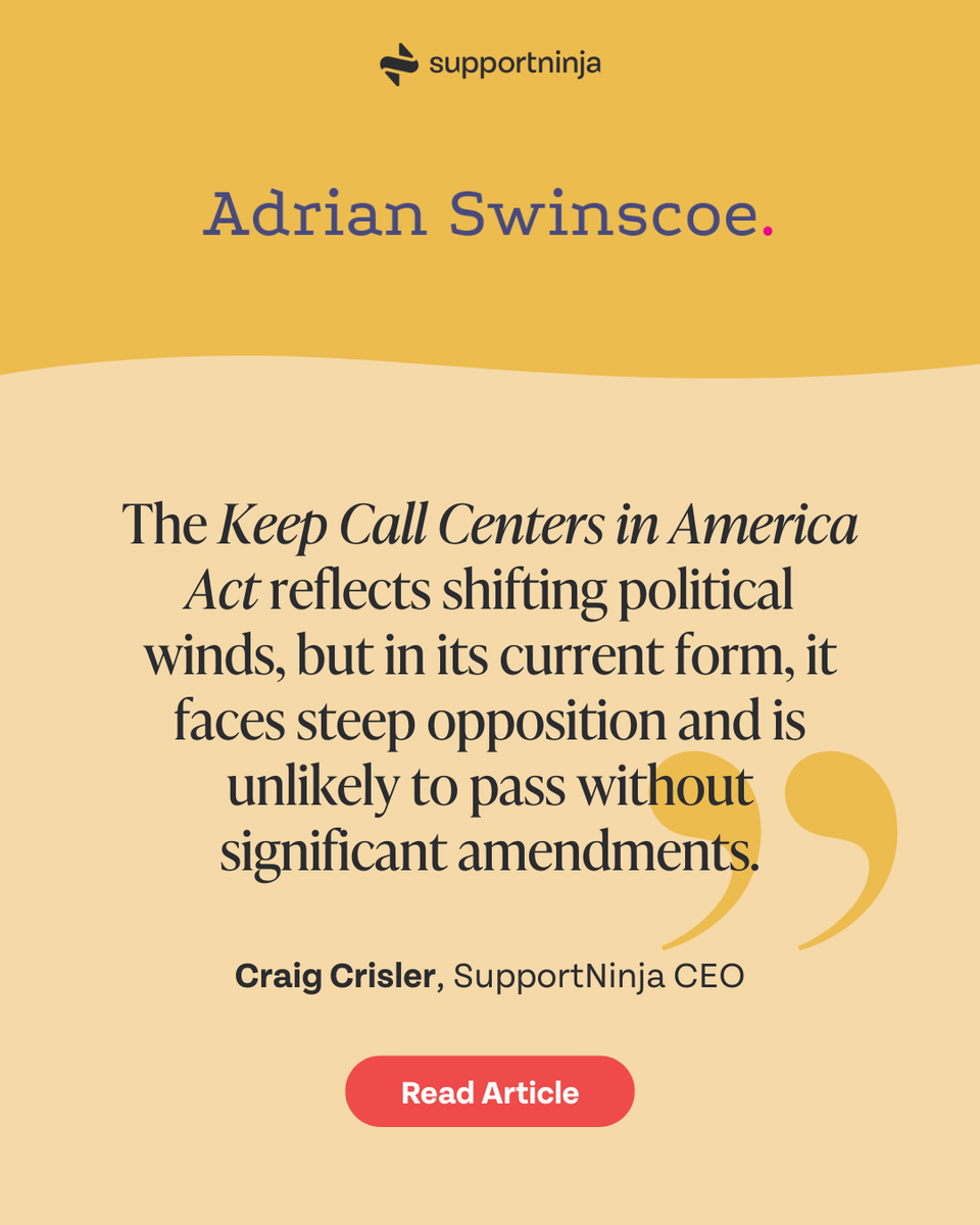 supportninja's tweet photo. SupportNinja CEO Craig Crisler told Adrian Swinscoe that proposed U.S. call center legislation is more likely to accelerate AI adoption than bring large-scale jobs back onshore.

🔗 https://t.co/r7SDIN9pnk https://t.co/Vw6jfmD2u6