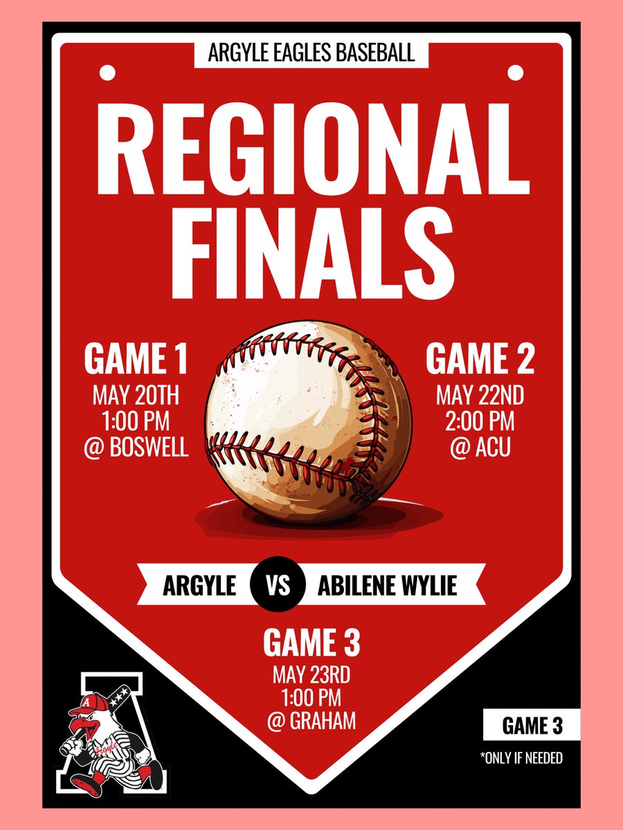 ArgyleSports's tweet photo. REGIONAL FINALS BOUND ⚾️ The Eagles are headed to the next round as Argyle takes on Abilene Wylie in the Regional Finals series 🦅

📍 Game 1 | May 20 | 1 PM @ Boswell
🔗 https://t.co/jpu7elgzGk
📍 Game 2 | May 22 | 2 PM @ ACU
🔗 https://t.co/plT5kJanlP
📍 Game 3 (if needed) | May 23 | 1 PM @ Graham

Come pack the stands and cheer on the Eagles all series long! @Argyle_Baseball