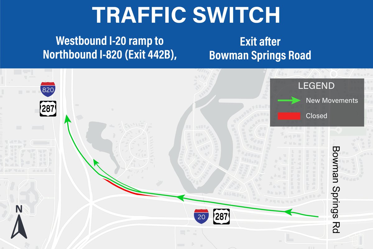 SE_Connector's tweet photo. Traffic Update (New Movements)

• Eastbound I-20 to northbound I-820: Traffic has been shifted to a new exit ramp on the right.

• Westbound I-20 to northbound I-820: Access now occurs after Bowman Springs Road with a revised ramp alignment. https://t.co/AU4DnqjyU1