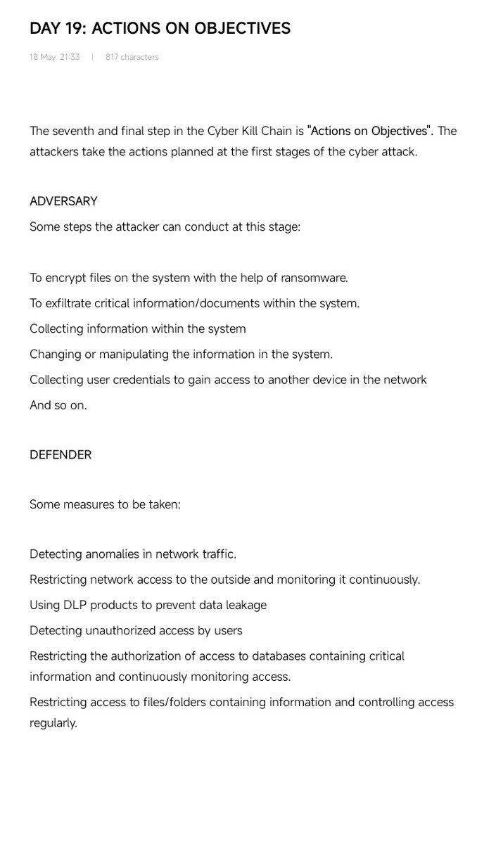 Ale_mhi_dara's tweet photo. DAY 19/30 of learning SOC ANALYST | Cyber Kill Chain 
I went through the seventh step of Cyber Kill Chain today. @_HilaryX  #SOC https://t.co/vREnVuAL4a