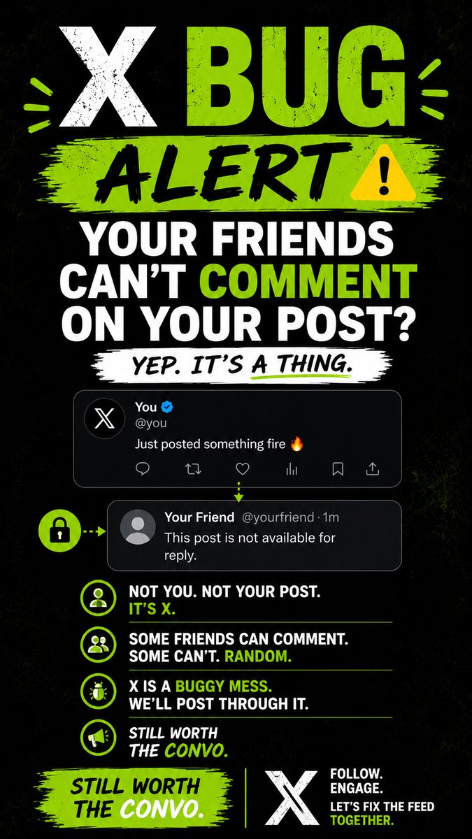 trail_mint_io's tweet photo. Is anybody else experiencing this?
Friends can’t comment on your posts because of their area/region?
Settings: 1. Everyone can reply 2. No tag location
#XBug #TwitterDown #XCommunity #ReplyBug https://t.co/P9s92ox1TJ