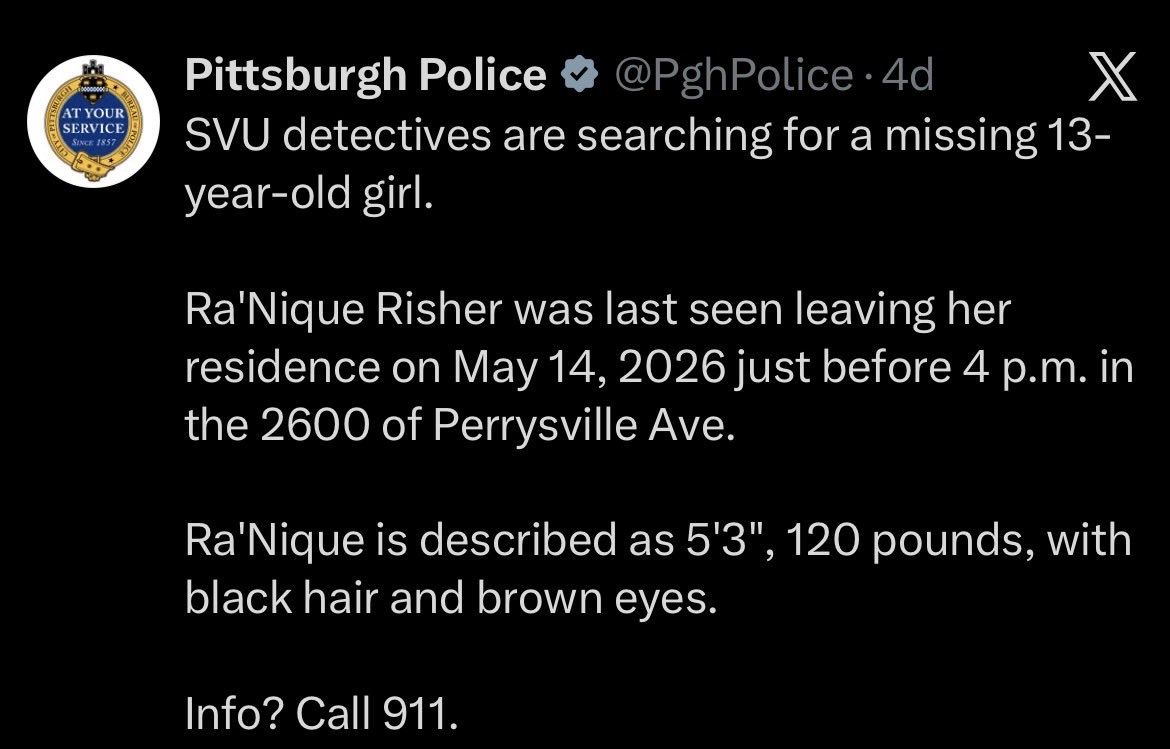 PghPolice's tweet photo. UPDATE: Ra'Nique Risher has been safely located. Thank you to everyone who shared information.

Original post below. https://t.co/fJ2x3CDJ4Z