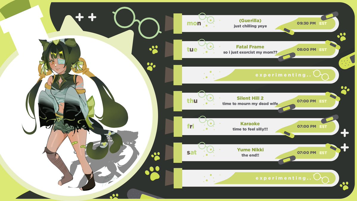 acti_matatabi's tweet photo. WEEKLY SCHEDULE  05/18 - 05/24🧪🩹

︶꒦꒷꒦꒷꒦꒷  T A G S ꒷꒦꒷꒦꒷꒦︶
General: #ActiMatatabi
Live: #LiveActionTabi
Memes: #Matataboo
Art: #Actistic
Sussy Art: #Actitties

#Vtuber #vtuberen
🎨: #Mauwow665441
🔗model reference and links below! https://t.co/5gMa5H2vXq