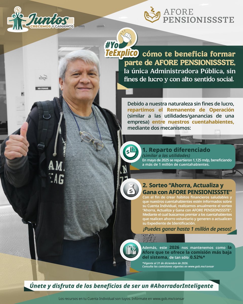 PENSIONISSSTE_'s tweet photo. En AFORE @PENSIONISSSTE_ , todos ganan. 🏆

¿Aún no conoces nuestros beneficios? 🤔 Esta es tu oportunidad para dar el primer paso. Recibe asesoría personalizada, resuelve tus dudas y cámbiate hoy mismo con nosotros. 🙌

Empieza a ganar desde ahora. 🚀
Regístrate aquí. ✅ https://t.co/KtVlzqXy6M