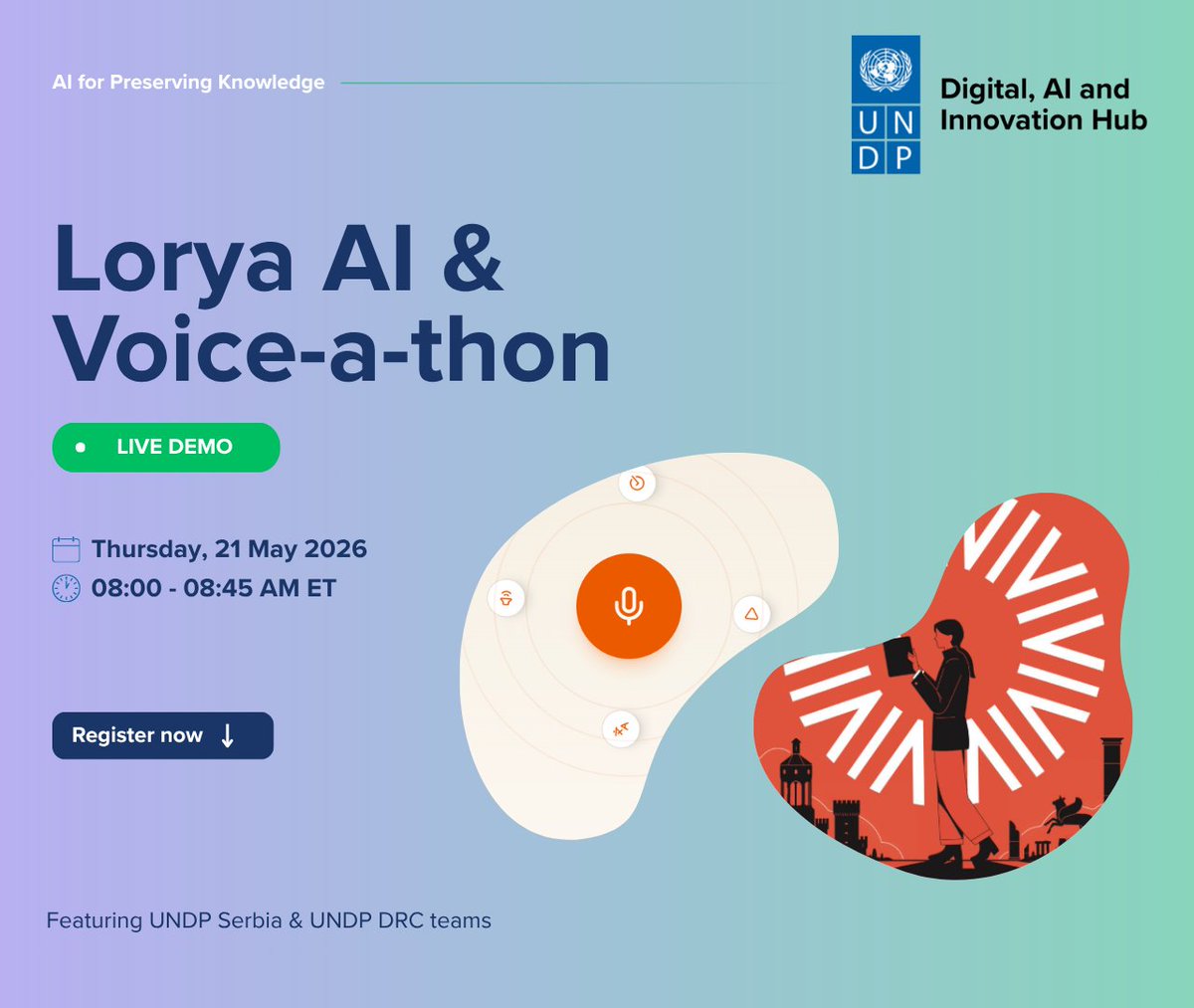 UNDP_innovation's tweet photo. Whose knowledge gets captured — and whose gets left behind?

Join the @UNDP to explore inclusive AI in action 🌍🤖

🔶 Lorya AI preserving low-resource languages
🟡 Voice-a-thon amplifying local voices

📅 21 May
⏰ 8am EST
➡️ Register: https://t.co/EsljMoDg7e https://t.co/CHUBI0RsUb