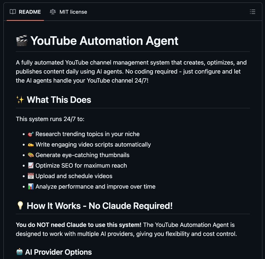 precisox's tweet photo. Un desarrollador hizo un grupo de agentes para automatizar canales de YouTube, literal el glitch total.

Acaba de open sourcear un sistema completo con 6 agentes IA que gestiona todo un canal de YouTube 100% autónomo 24/7.  

Investiga tendencias, escribe guiones, genera thumbnails, optimiza SEO, publica los videos y analiza el rendimiento todo solo.  

Por qué está explotando?   
- 100% open source y gratis   
- Funciona con Gemini (API gratuita) o OpenAI   
- Setup interactivo: casi sin escribir código   
- Dashboard local para que lo supervises   
- +820 estrellas en GitHub    

Tu fábrica de contenido que trabaja mientras duermes.

Te dejare el repo en los comentarios, te recomiendo guardarlo luego me lo agradeceras👇