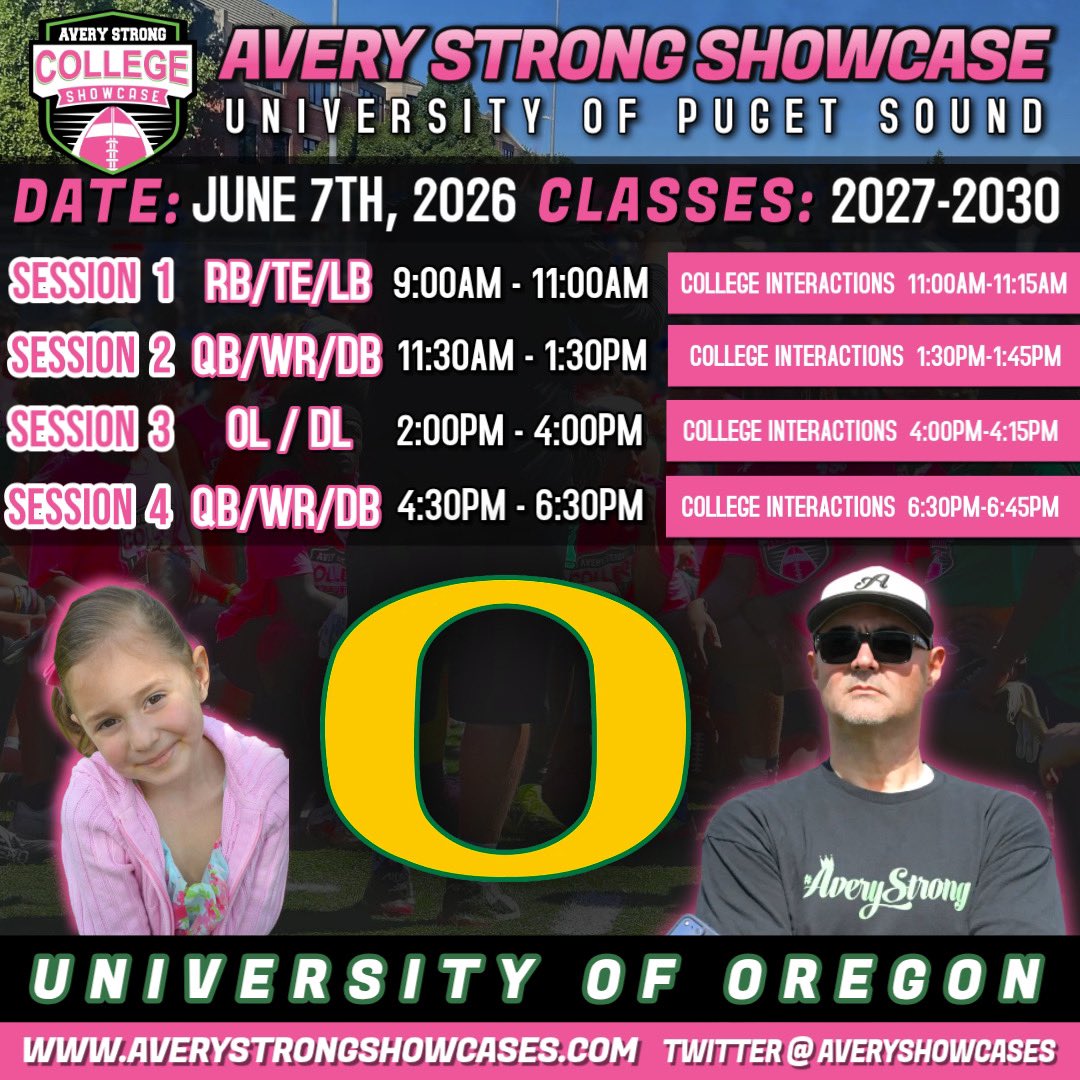 AveryShowcases's tweet photo. Excited to Announce The University Of Oregon will be Attending The 2026 Avery Strong Showcase on Sunday, June 7th🔥🏈📈

Don’t miss this opportunity to SHOW OUT. Less Than 3 Weeks Until Go Time 🍿👀⏳

Sign Up Today ‼️

https://t.co/pA4slI03E2 https://t.co/gKzFLw2c8O