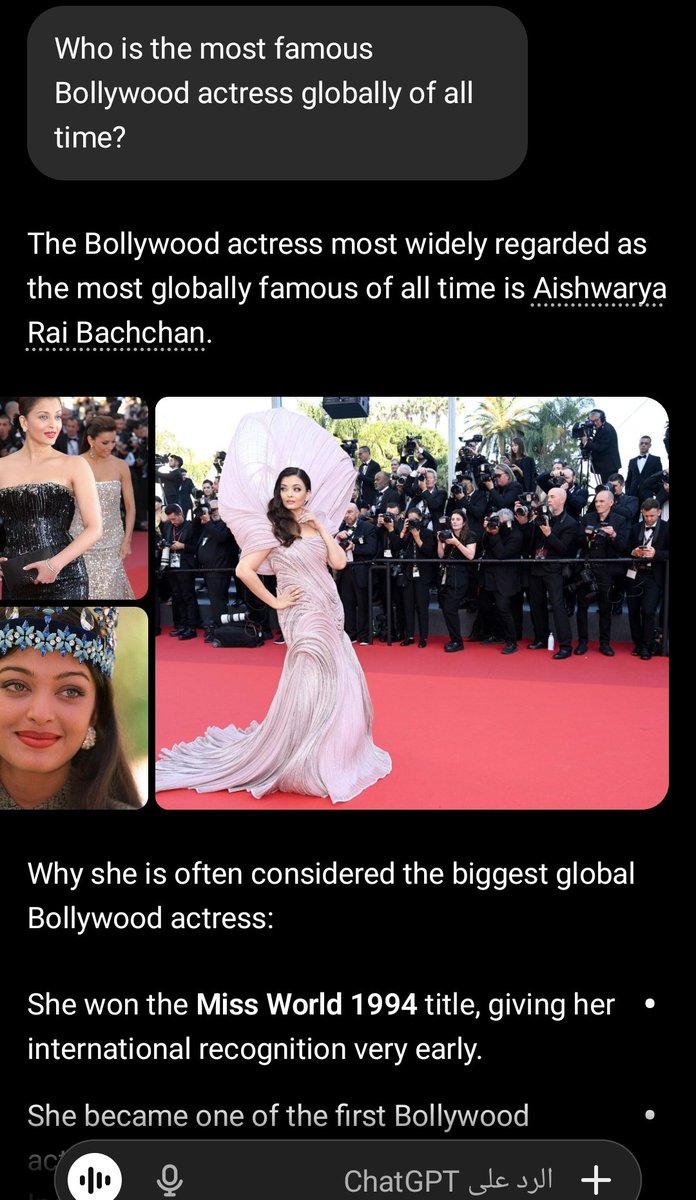 LiveLonly1's tweet photo. Even @ChatGPTapp  knows who is the global indian icon
#AishwaryaRaiBachchan https://t.co/61ByLAWBLM