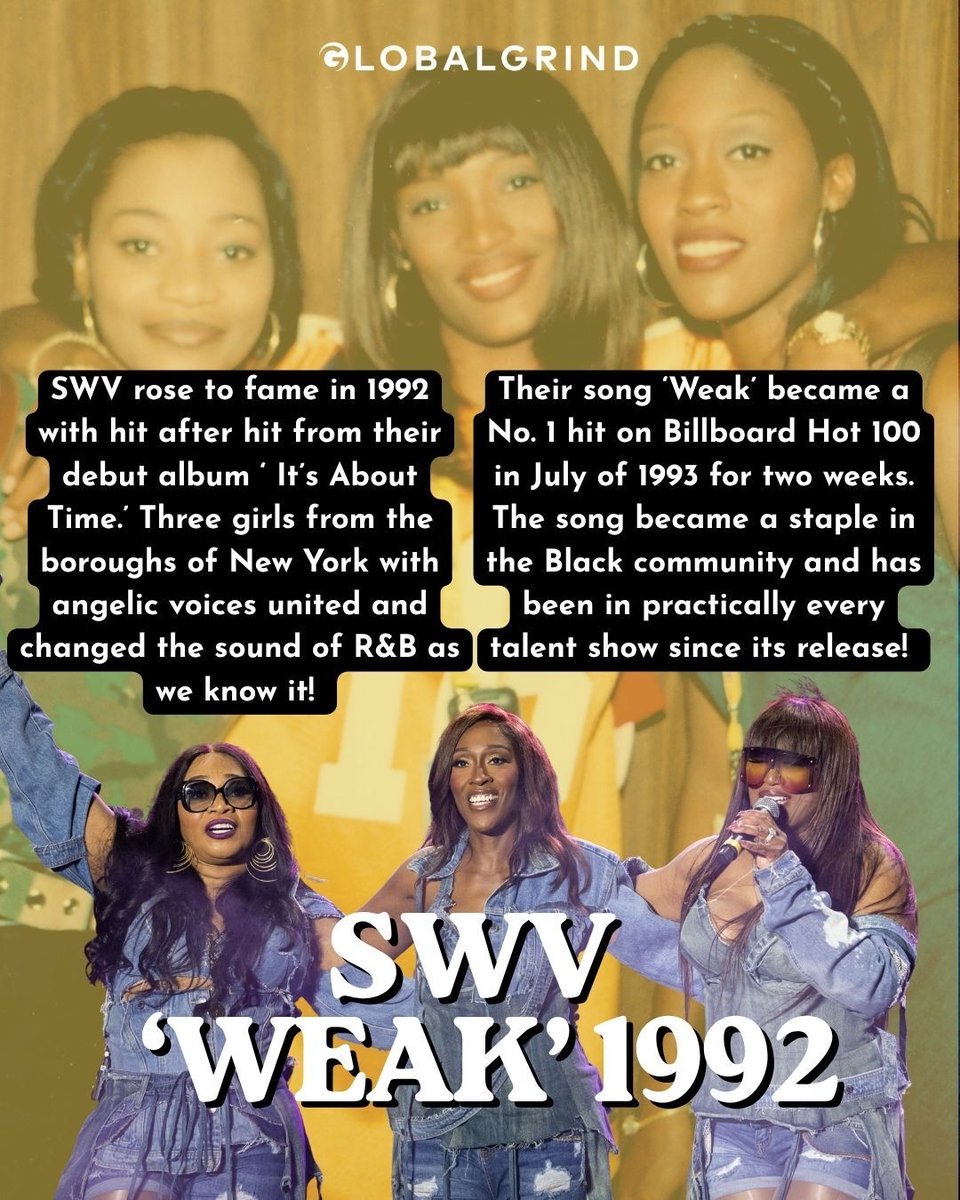 GlobalGrind's tweet photo. SWV has given us so many hits, but ’Weak’ is a non-negotiable in R&amp;B. Many have done covers, but JoJo has a pretty good one… maybe SWV and JoJo should team up for a performance… just a thought (a good one🙂‍↕️).

More on #GlobalGrind.com 
✍🏽: #miykaeltheemogul

📸: Getty https://t.co/t17Xr8OgrL