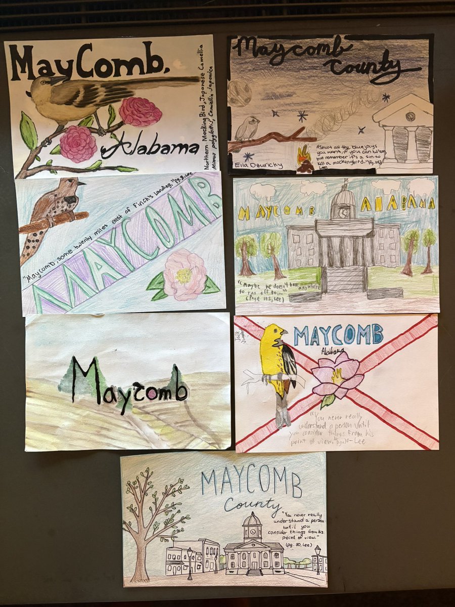 HCJuniorHigh's tweet photo. Check out these post cards created by Miss Miller’s ELA 8 classes. Students had to highlight their recent “visit” to Maycomb, Alabama during  the time and setting of To Kill a Mockingbird. #IMPACT360 @HCSDHuskies https://t.co/Yz03ZAT0sN