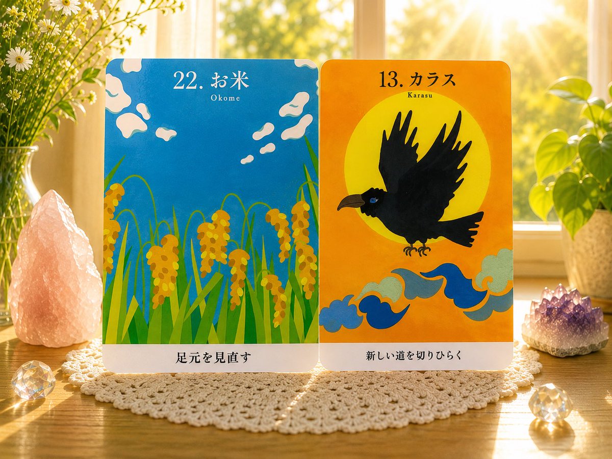 MokurenIyasi's tweet photo. 【今日の一枚引き🌾🐦‍⬛】

「まだ足りない」
「もっと頑張らなきゃ」

そんなふうに
気づかぬうちに
自分を追い立てていませんか😌

けれど今日のカードは
まず、あなたの足元を見てごらんと
優しく語りかけています

ここまで歩いてきたこと
支えてくれた人たち
何気なく過ぎていた日常

その中には
本当はたくさんの豊かさが
息づいていています🌾✨

「足るを知る」とは
諦めることではなく

“すでにある幸せ”に
気づける心のこと

その豊かさに気づいた瞬間
不思議と心に余白が生まれ

「私なら大丈夫」
そんな小さな自信が
静かに芽吹き始めます

そしてカラスのカードは
あなたに問いかけています🐦‍⬛✨

本当は飛べるのに
自分で限界を決めていませんか？

怖さがあるのは
新しい扉の前に立っている証

だからこそ今は
「どうせ無理」ではなく

「ここから、どんな未来を開いて
いこう」

そんな問いを
自分自身に贈ってあげてください😌

あなたはもう
何も持っていない存在ではなく

たくさんの愛や経験
優しさや気づきを抱えながら
ここまで歩いてきた人

だから大丈夫✨

あなたの中にある豊かさは
これから進む未来を照らす
光になっていくのです🌾✨

今日という一日が
あなたにとって

“新たな自分を踏み出す一歩”と
なりますように🕊️