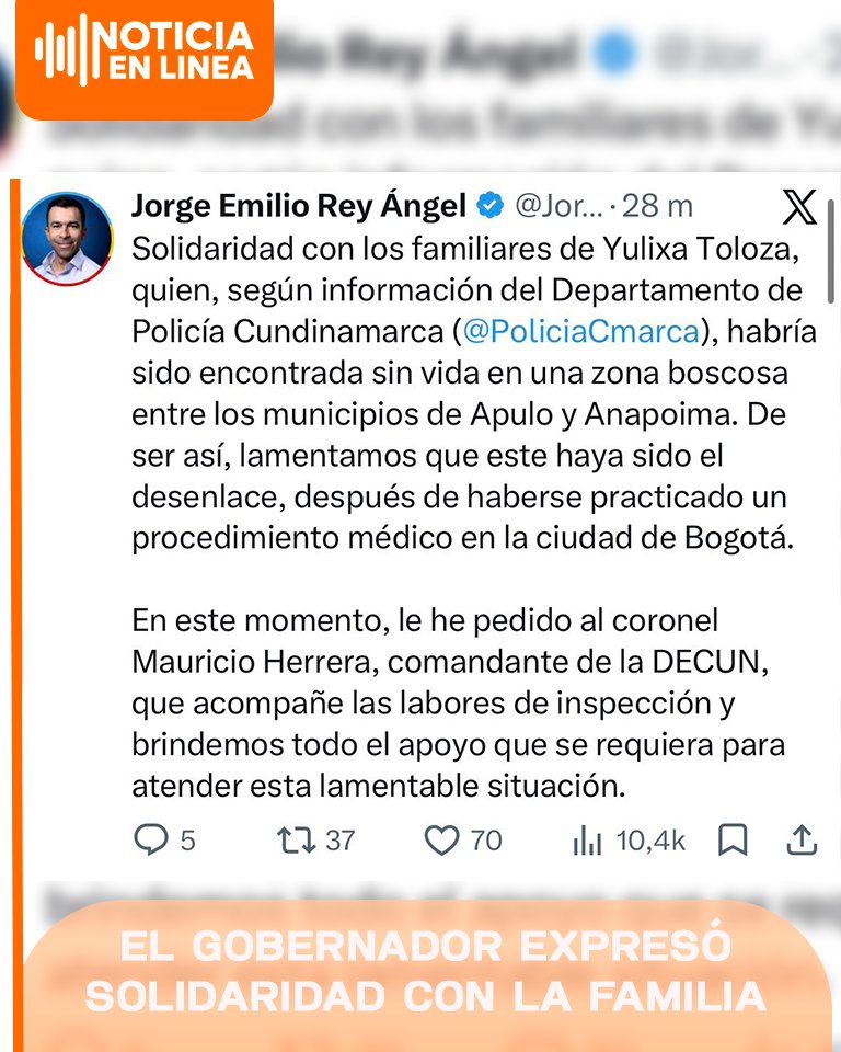 NoticiaLineacr's tweet photo. #ATENCIÓN
Autoridades investigan el hallazgo de un cuerpo que correspondería a Yulixa Toloza en una zona boscosa entre Apulo y Anapoima, Cundinamarca. El caso es investigado tras un procedimiento médico en Bogotá.
#NoticiaEnLinea https://t.co/2bUD070QnY