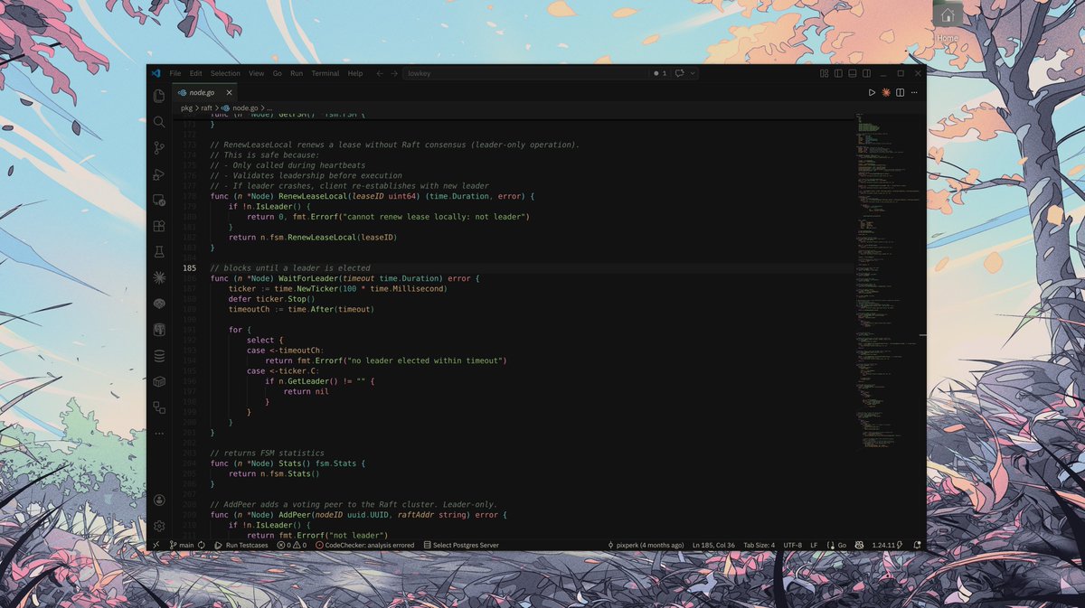 pixperk's tweet photo. 5 months ago i sketched out a distributed lock sdk. today i shipped enough of it that i think it's actually usable.

it's called lowkey. distributed locks in go.

- CP over AP, because for locks, wrong answers are worse than no answers. 
- raft for consensus, fencing tokens to keep stale clients from corrupting state, monotonic clocks because wall time lies.

> p50 of 2.87ms, p99 under 6ms.

the trick that bought most of the speed: not everything needs raft. lease renewals run leader-only, so heartbeats skip the consensus round-trip. acquires and releases still go through the log because those actually change state.

[github link in comments]