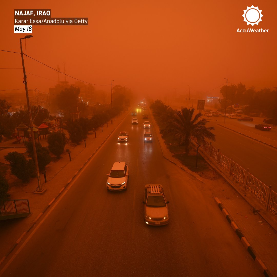 accuweather's tweet photo. No filter required: Skies turned an eerie shade of orange as a powerful sandstorm swept through Najaf, Iraq. https://t.co/gTvyd1ezv0