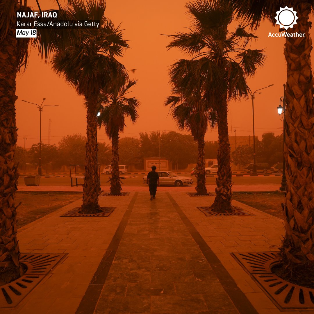 accuweather's tweet photo. No filter required: Skies turned an eerie shade of orange as a powerful sandstorm swept through Najaf, Iraq. https://t.co/gTvyd1ezv0
