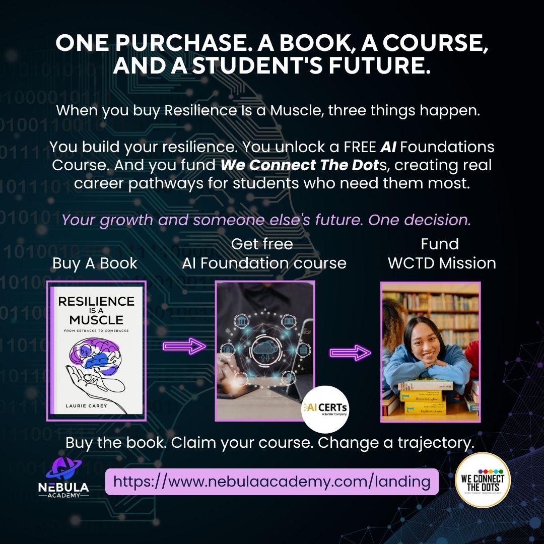 LJCoach's tweet photo. One purchase. Three things happen.

📖 Get Resilience Is a Muscle 

Unlock a FREE AI Foundations Course

Fund We Connect The Dots mission

Investing in yourself and someone else. At the same time.

Learn more: 🔗https://t.co/r2uKg8yGOo

#ResilienceisaMuscle #Nebulaacademy #wctd https://t.co/TKkQY4628W