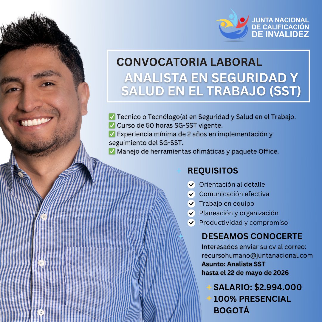JuntaNCI's tweet photo. ▶️ ANALISTA EN SEGURIDAD Y SALUD EN EL TRABAJO (SST)
▶️#TrabajoSiHay https://t.co/TFeOFeFVcr