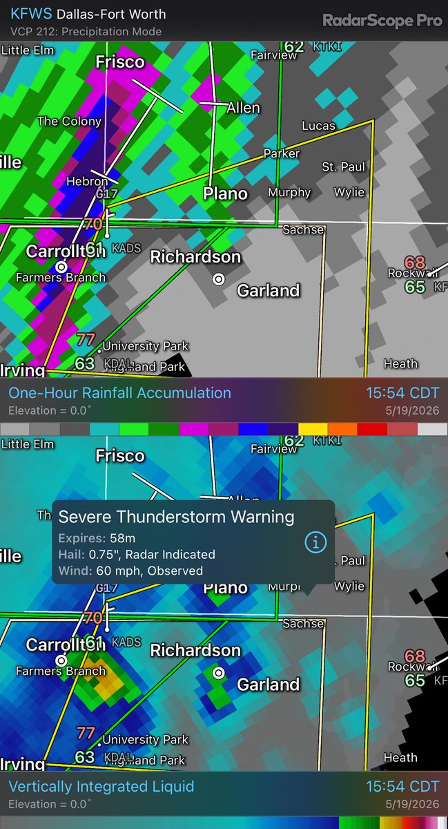 CollinARES's tweet photo. New event. Severe Thunderstorm Warning from 5/19/2026 4:00 PM to 5:00 PM CDT for Collin Wide. https://t.co/yJ04FB3yco https://t.co/pwg7J4mpoz