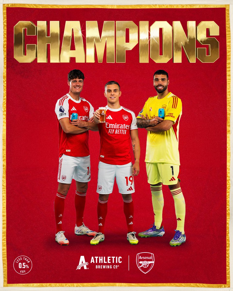 AthleticBrewing's tweet photo. Raising a brew to the 2025/26 CHAMPIONS @Arsenal 🔴⚪️

#COYG https://t.co/WuDMiqhdcA