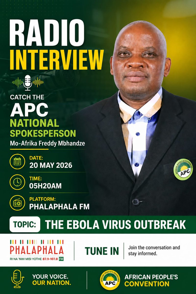 FMbhandze's tweet photo. @ThembaGodi_ @FMbhandze @mambanepw @APC_Live @SydneyMahala1 @SABCNews @tikoaxietleli @Phalaphalafm @Phalaphala 

PHALAPHALA FM  :APC NATIONAL SPOKESPERSON 

"Catch the APC National spokesperson Mo-Afrika Freddy Mbhandze tomorrow morning @ Phalaphala FM on Ebola outbreak at 05H30 https://t.co/lsO6KzdAM8
