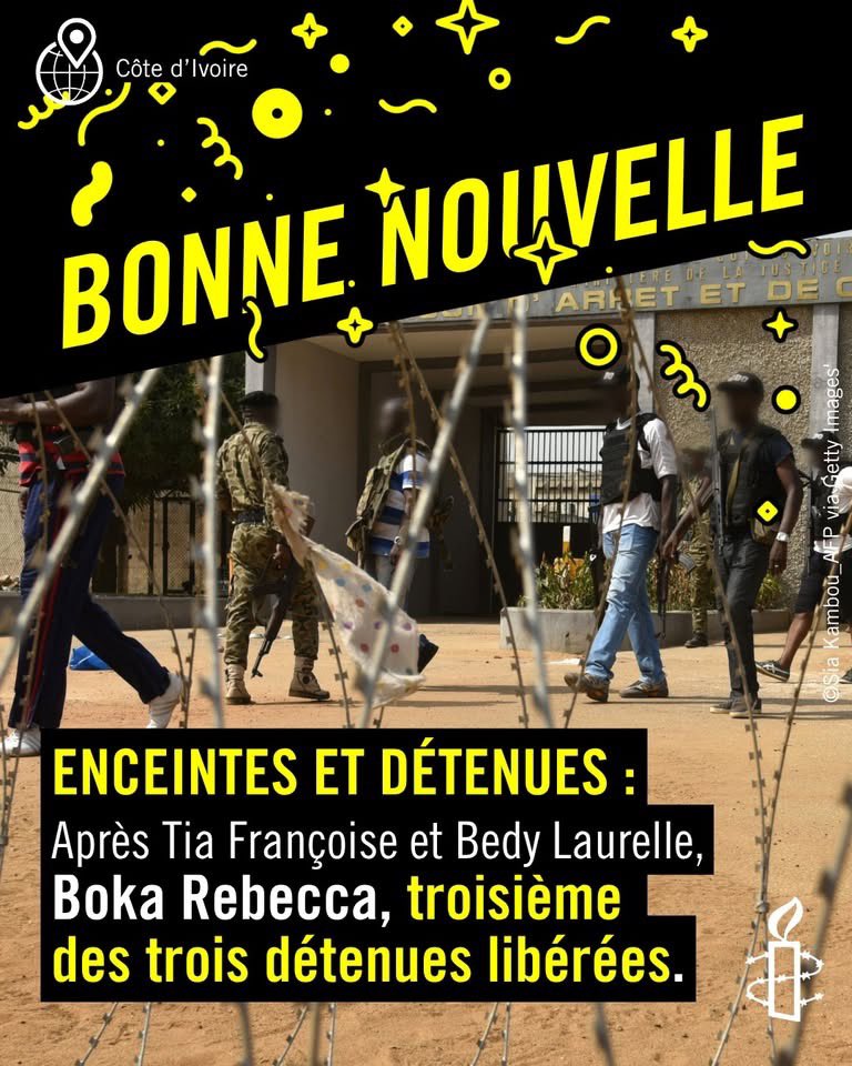 Amnesty_CI's tweet photo. 🟡Bonne nouvelle dans le dossier des trois femmes enceintes arrêtées sans fondement lors de la répression d’octobre 2025 et mentionnées dans le communiqué d’Amnesty International du 10 mars 2026.

À l’issue de l’audience de ce 19 mai 2026, Boka Rebecca, la troisième femme enceinte citée, a été mise en liberté provisoire. Elle reste cependant placée sous contrôle judiciaire.

Avec cette décision, les trois femmes enceintes concernées par ce dossier sont désormais libres, même si la procédure judiciaire les concernant restant en cours.