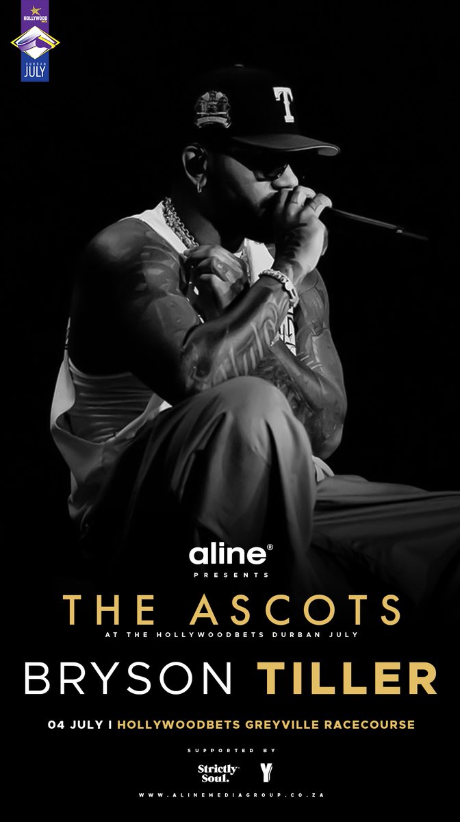 TheAscotsAfrica's tweet photo. The Ascots debuts at the Hollywoodbets Durban July - a premium celebration of music, culture and hospitality featuring global acts Bryson Tiller, Masego &amp; Swae Lee alongside Shekhinah, Elaine &amp; Tresor. 04.07.2026 | Hollywoodbets Greyville Racecourse, Durban. Get your tickets now.