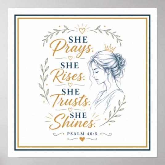 NickOlahJohn's tweet photo. She Prays. She Rises. She Trusts. She Shines. https://t.co/s5V9fJZe0D This Psalm 46:5 christian spiritual quote motivational poster brings radical hope and victorious identity to your living sanctuary or bedroom walls. #ChristianQuote #SpiritualQuote #MotivationalPoster https://t.co/a7MHpAagBs