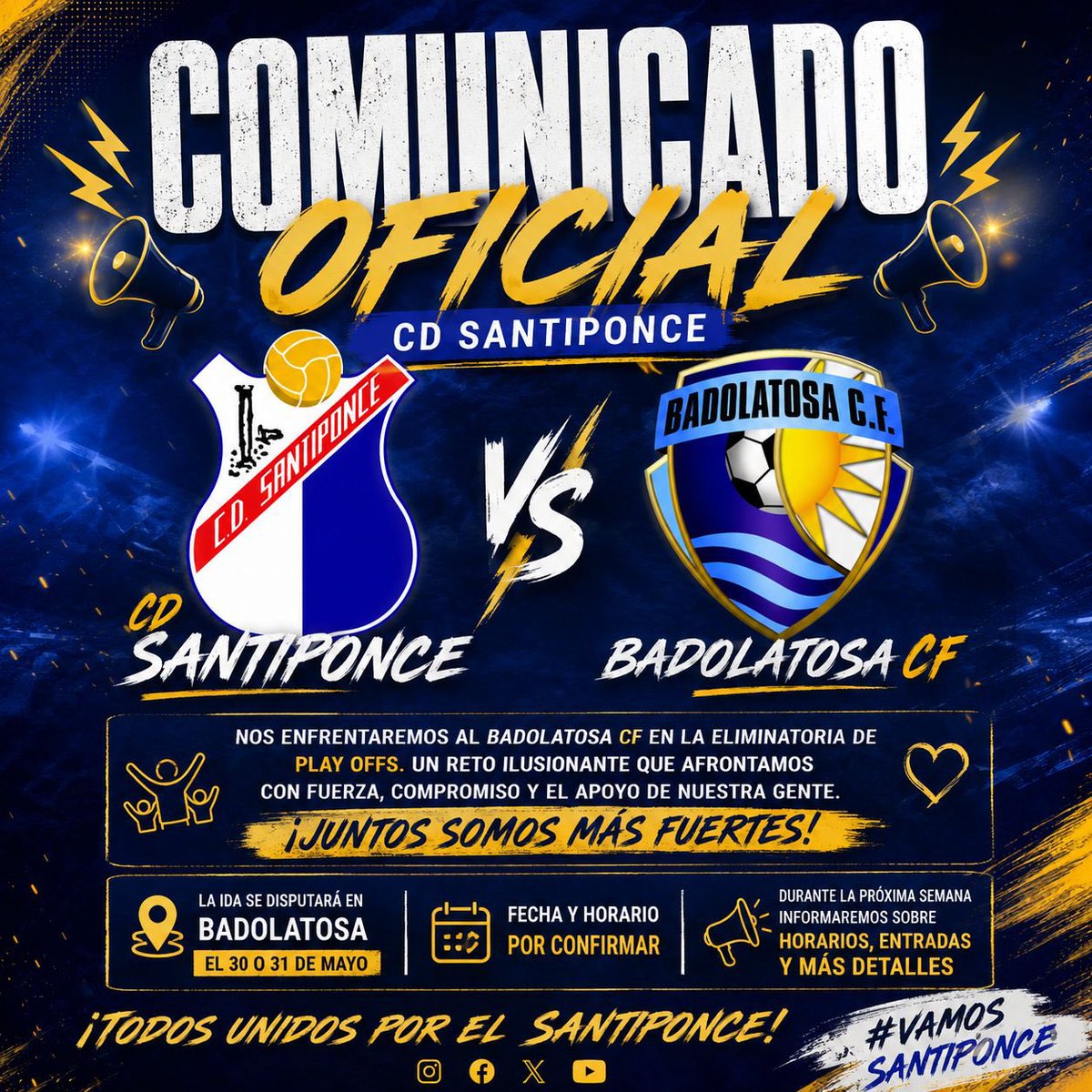 santiponce1964's tweet photo. ⚽ CD Santiponce 🆚 Badolatosa CF
🔥 ¡Comienza la lucha por el objetivo!

La ida de la eliminatoria se disputará en Badolatosa el próximo 30 o 31 de mayo, quedando todavía por confirmar tanto la fecha definitiva como el horario del encuentro.

Más Información la próxima semana!💙 https://t.co/pvQy570ZbG