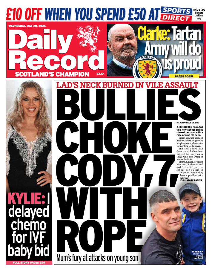 Daily_Record's tweet photo. Tomorrow's front page: A horrified mum has told how school bullies choked her son with a rope around his neck.

#scotpapers #tomorrowspaperstoday https://t.co/oCI85tCO1i