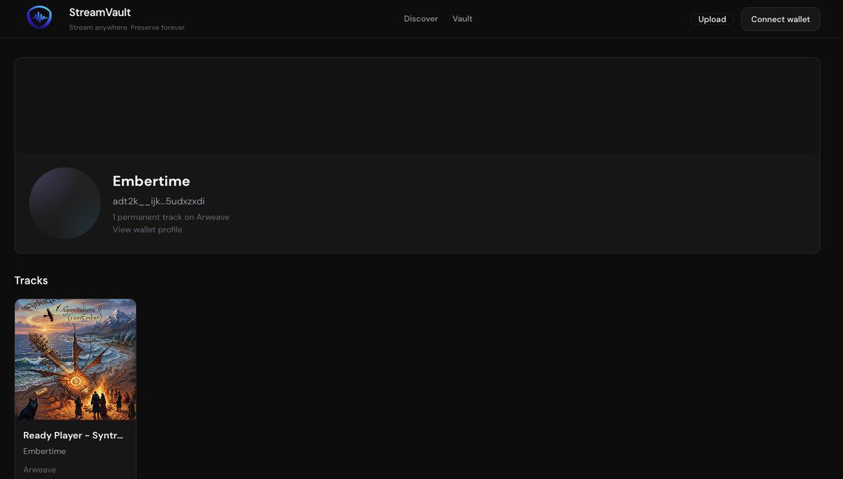 StreamVaultweb3's tweet photo. New on StreamVault 🎵

@ArweaveEco uploads now have full track pages (tx metadata, license, play) + creator artist pages. Home discovery links straight to them, tap a title or Details.

Stream anywhere. Preserve forever.

https://t.co/3P4GEfn5rK https://t.co/3i5s0X1Mx5