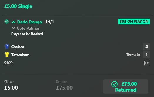 EmilyTaylorTips's tweet photo. WHAT A NIGHT! 😍

Cole Palmer 14/1🟨✅
Cole Palmer 11/1🟨✅
Cole Palmer 6/1🟨✅
Cole Palmer 15/4🟨✅
Cucurella 9/1 IN PLAY 🟨✅
Cucurella 10/3 IN PLAY 🟨✅
Cucurella and Bentancur foul 7/1 IN PLAY🟨✅

To celebrate I'll give £100 to one person who ♥️ this post AND my 2 previous posts!

Should I post Europa League cards and in plays?🏆
