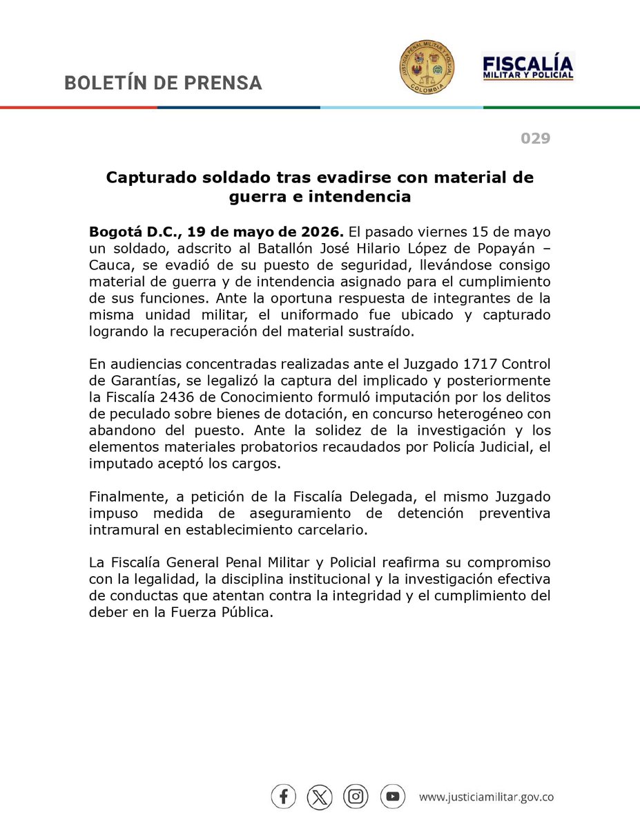 FiscaliaJPMPCol's tweet photo. Medida de aseguramiento en establecimiento carcelario para un soldado que se evadió de su puesto de seguridad llevándose material de guerra e intendencia #JusticiaconDignidad https://t.co/nX5DuJOrHz