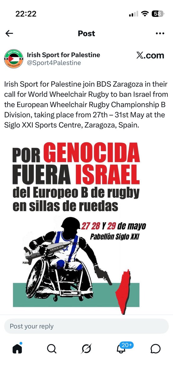 Alan__Shatter's tweet photo. May,19,2026. Irish Sport for Palestine demands disabled Israelis be banned from international wheelchair rugby, Israeli climbers be banned from international climbing &amp; a Dublin City Clr advocates implementing Hitler’s Final Solution. Remember there’s no antisemitism in Ireland! https://t.co/s8CfpBGOxu