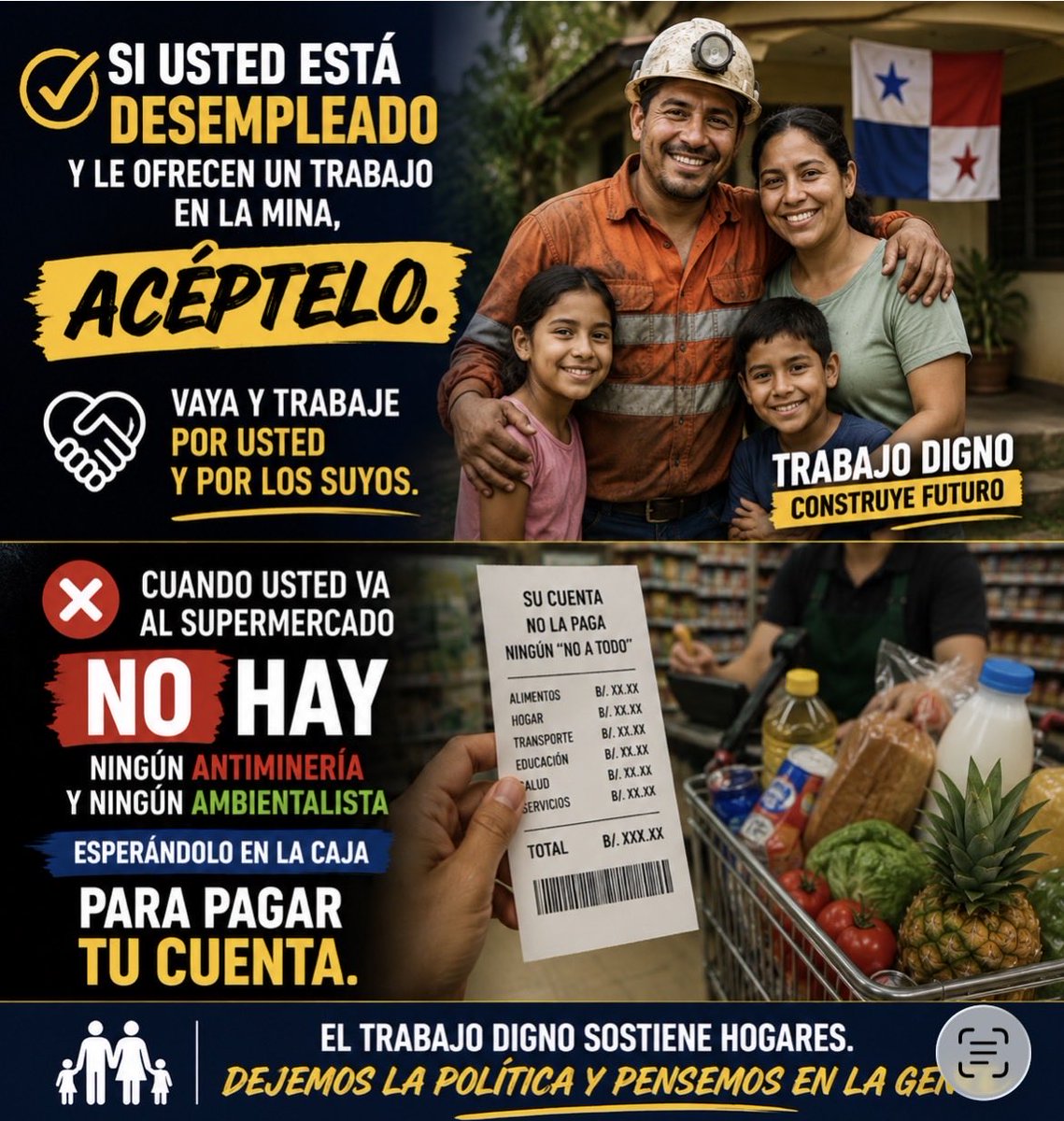 LoroVerdeDePTY's tweet photo. Si usted está desempleado y le ofrecen un trabajo en la mina acéptelo. 

Vaya y trabaje por usted y por los suyos.

Cuando usted va al supermercado no hay ningún abogangster, cierra calles  y mucho menos ningún ambientalista esperándolo en la caja para pagar su cuenta. https://t.co/p3YiQxQpJz