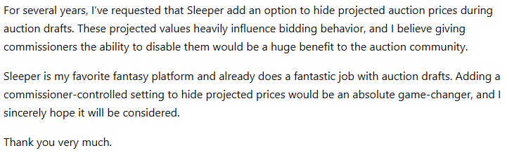 AlwaysAuctions's tweet photo. My annual request on behalf of the #fantasyfootball #auction community to @SleeperHQ. https://t.co/Dm3PCr8y3U