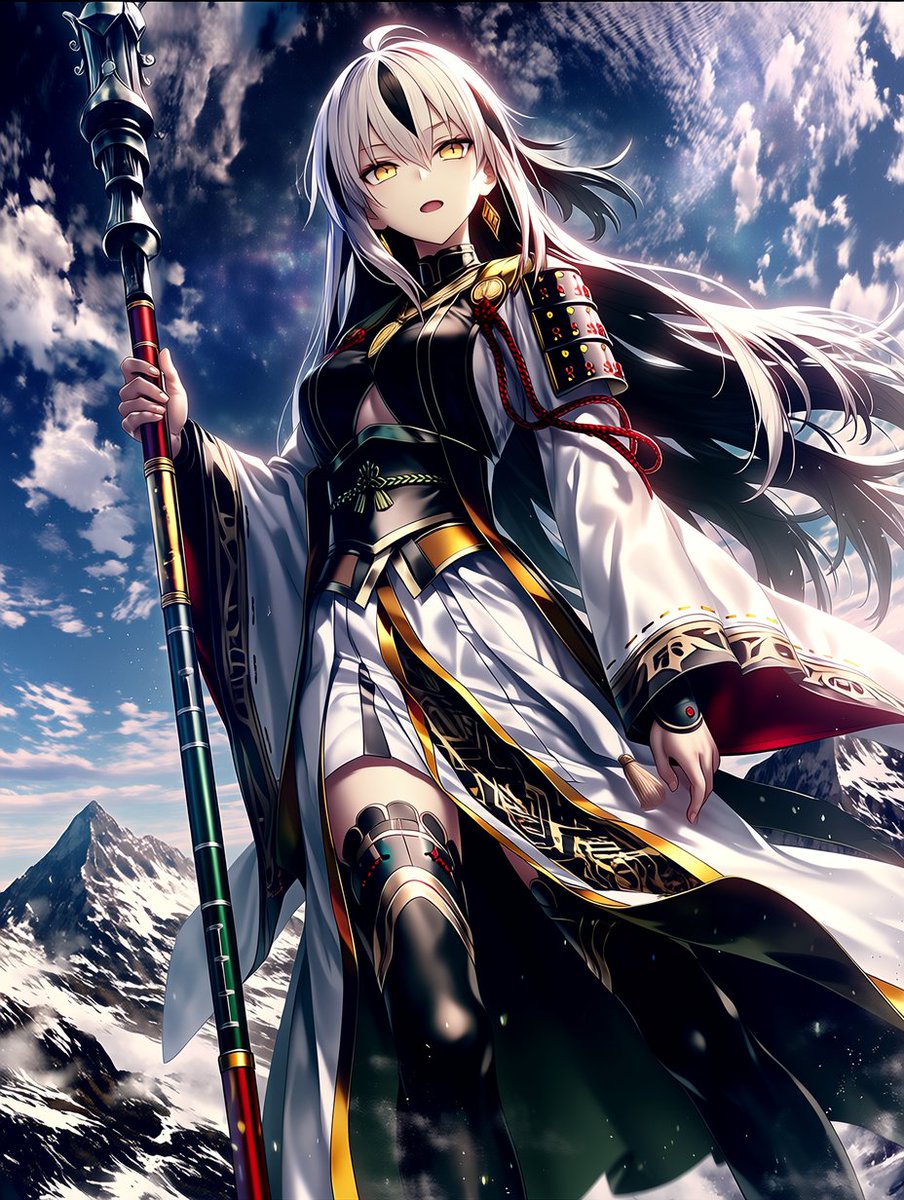 Fate/GrandOrder 長尾景虎 雪山を背に白黒の軍装で凛々しく槍を構える