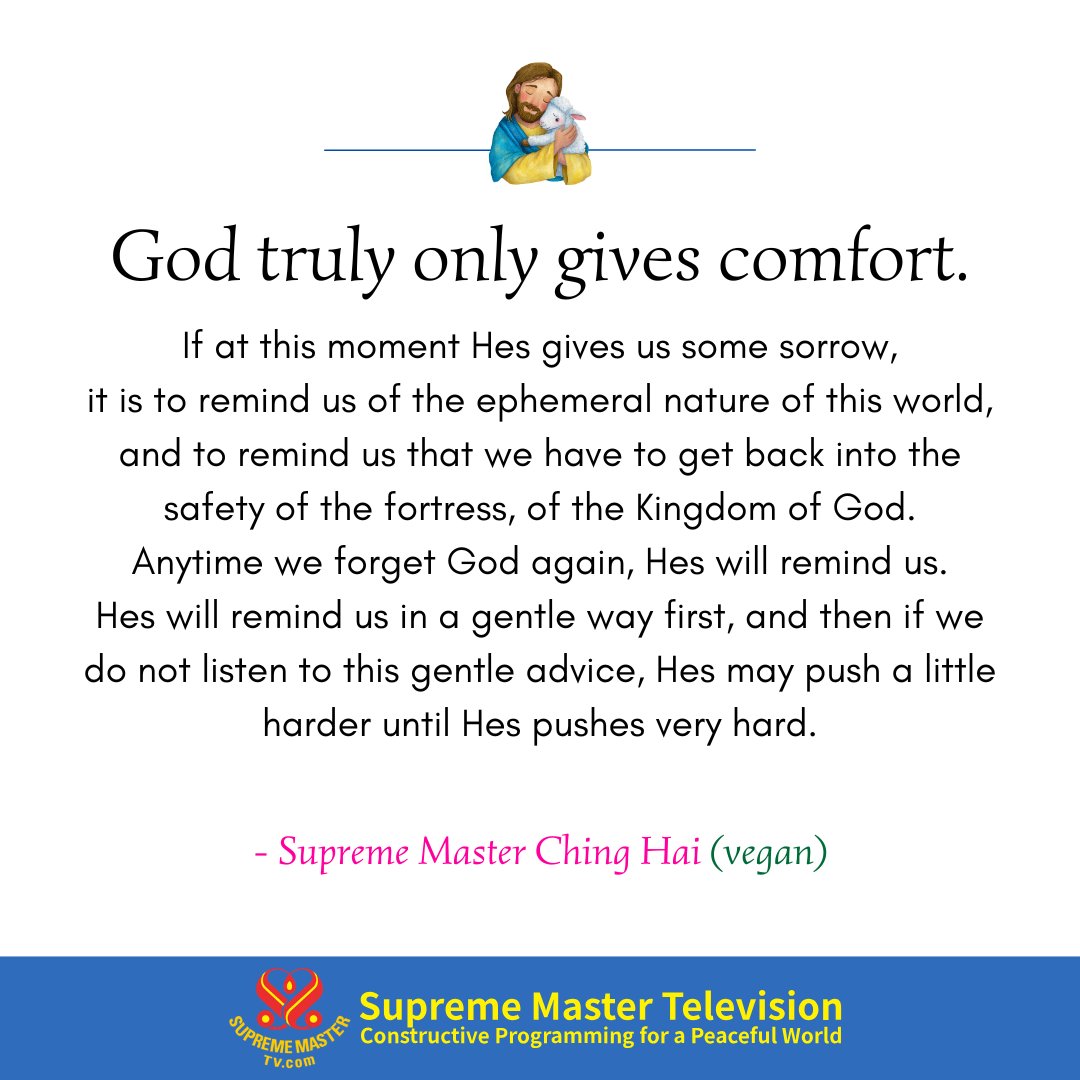 SupremeMasterTV's tweet photo. God truly only gives comfort. If at this moment Hes gives us some sorrow, it is to remind us of the ephemeral nature of this world, and to remind us that we have to get back into the safety of the fortress, of the Kingdom of God. Anytime we forget God again, Hes will remind us. Hes will remind us in a gentle way first, and then if we do not listen to this gentle advice, Hes may push a little harder until Hes pushes very hard.

- Supreme Master Ching Hai (vegan)

💛 Feel free to share our posts and spread the blessing 💛

💗 Please join Supreme Master Ching Hai to sincerely thank God Almighty for World Vegan, World Peace and souls’ Liberation 💗 Every day at 9:00 PM Hong Kong time 🙏

https://t.co/WwiCMg7GHp

#SupremeMasterTV #DivineComfort #SpiritualReminders #SupremeMasterChingHai #GodsProtection