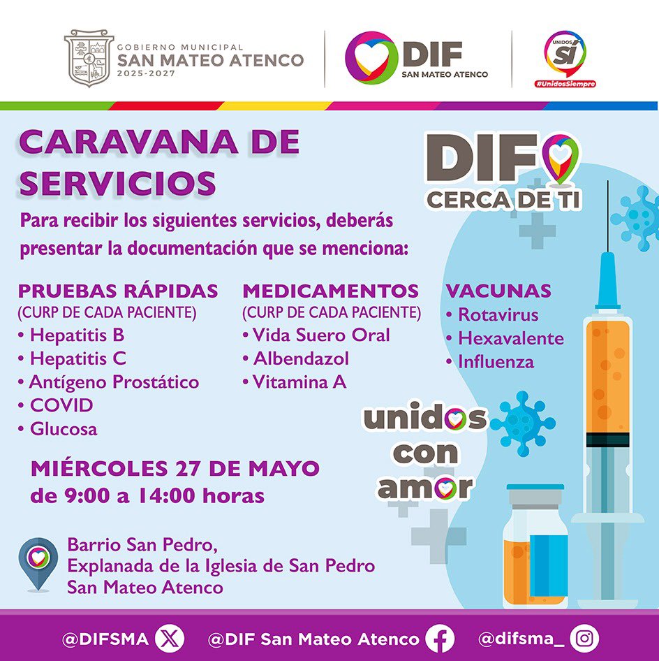 DIFSMA's tweet photo. 🚨¡Atención barrio San Pedro!🚨
El miércoles 27 de mayo, la caravana de servicios #DIFCercaDeTi estará ofreciéndote servicios asistenciales para ti y tu familia. 🩺💉🪴💅🏻🐕👕
Te esperamos a partir de las 9:00 h en la explanada de la iglesia de San Pedro.
#UnidosConAmor ❤️ https://t.co/hMHXIgCBVz