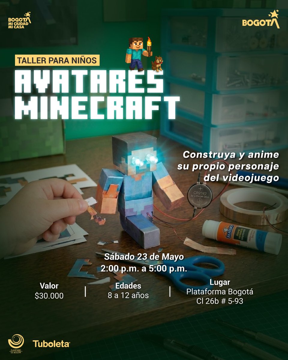 LineaACT_'s tweet photo. La Línea ACT los invita a el Taller para niños: Avatares Minecraft: Construya y anime su propio personaje del videojuego 

📅 23 de mayo
🕔 02:00 P.m.
📍 Plataforma Bogotá. 

👩‍💻https://t.co/Vj4l4slm4E

#BogotáMiCiudadMiCasa https://t.co/uWCQSB14kP