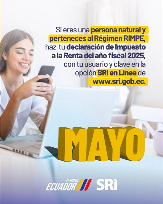 MiriamBustosM_'s tweet photo. ¡ATENCIÓN!

Si perteneces al Régimen RIMPE y eres persona natural, realiza tu declaración de Impuesto a la Renta durante mayo, según tu noveno dígito del RUC. 

Mira cómo hacerlo en ➡️ https://t.co/JkS3WkwRH3.

#TuAporteTransforma https://t.co/D3uYzhk5zw