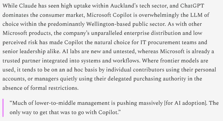 Alethios3's tweet photo. Highlights from my study of AI adoption across the New Zealand public sector:

-Usage is relatively high, but uneven across agencies
-Copilot dominates usage &amp; shapes understanding of AI capabilities
-Unions were a barrier to adoption in 2024, but have since softened

Link below. https://t.co/HLuE4pyKZ7