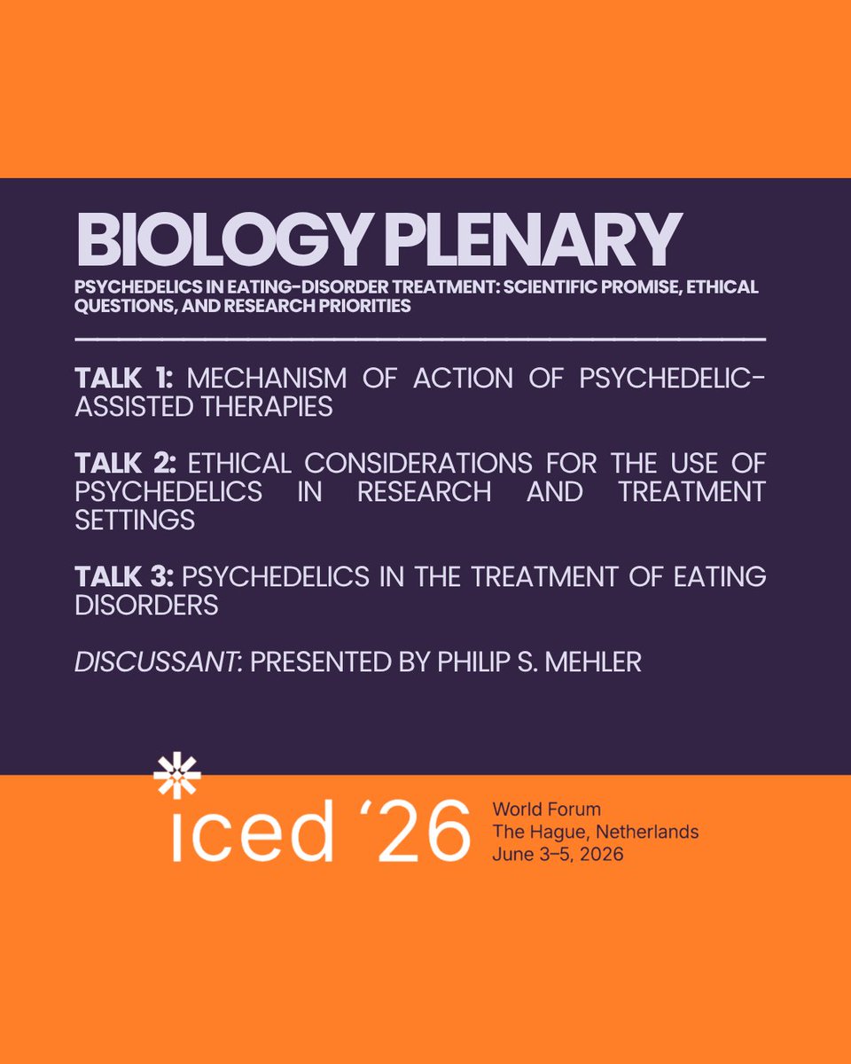 aedweb's tweet photo. The Biology Plenary at #ICED2026 will examine the scientific promise, ethical considerations, and emerging research surrounding psychedelic-assisted therapies in ED treatment through multidisciplinary perspectives.

Join us June 3–5, 2026 in The Hague: https://t.co/1pGMkwP2Re https://t.co/rrru1tQwVz