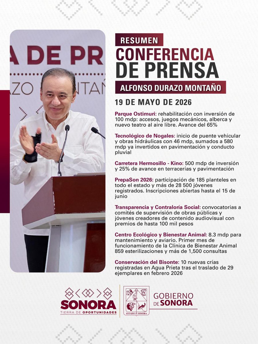 AlfonsoDurazo's tweet photo. En nuestra conferencia de prensa de hoy compartí los avances de nuestro gobierno: desde carreteras y parques hasta bisontes y clínicas veterinarias. Seguimos creando oportunidades para todos nuestras comunidades.

#GobiernoDeSonora #SonoraSeTransforma #martesdesonora https://t.co/vPbVksWl9x