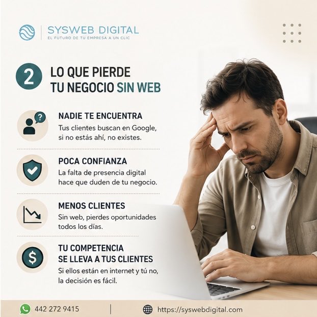 SyswebDigital's tweet photo. ¿Sabes cuántos clientes pierdes cada mes por no tener presencia digital?

En Querétaro hay miles de negocios excelentes que nadie encuentra porque simplemente no están en internet.

En Sysweb Digital transformamos eso. 🚀

#PáginasWebQuerétaro #MarketingDigitalQuerétaro https://t.co/suqrZrm8qZ