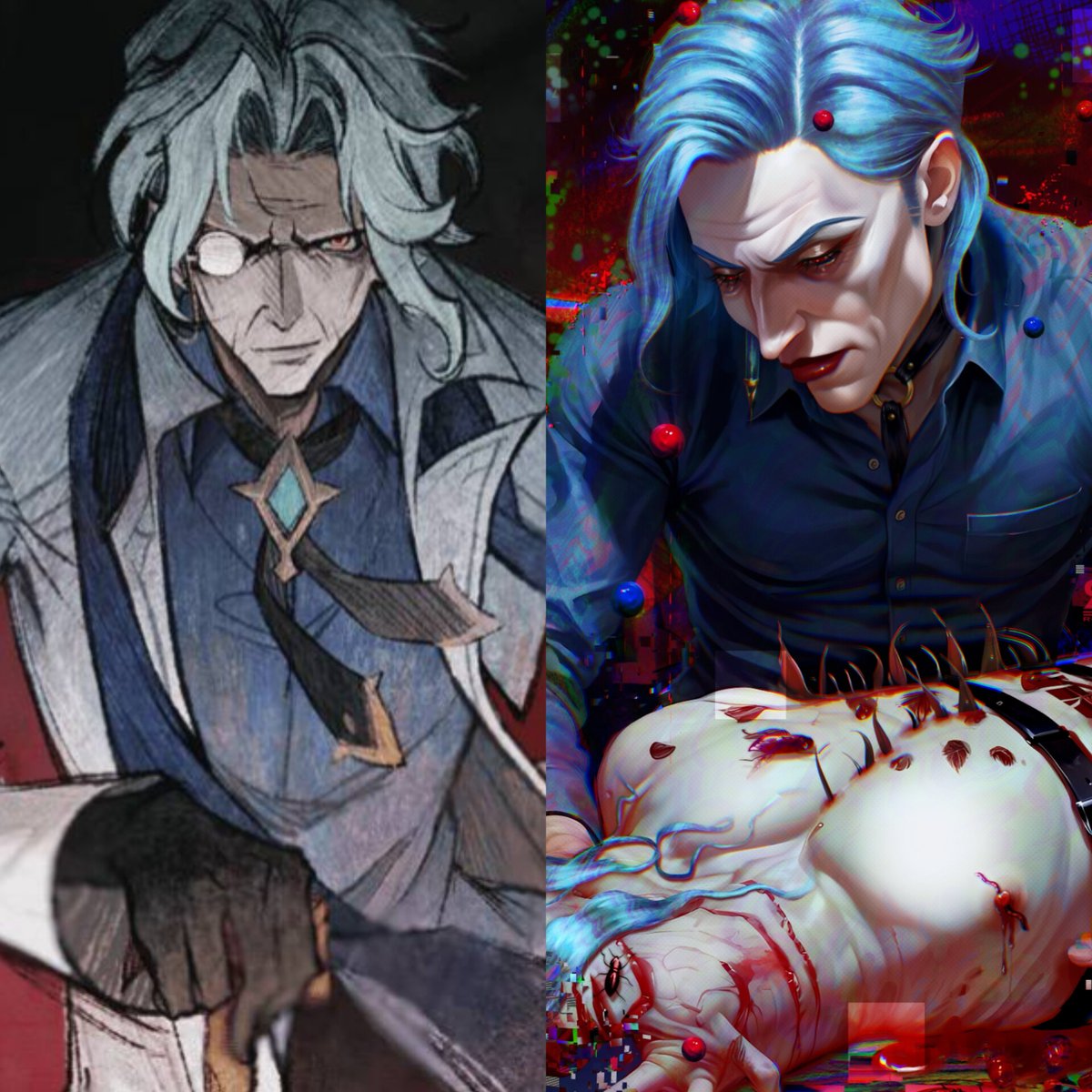 rocket_n_9's tweet photo. SPOILERS!!!! 

This is exactly how I always imagined #Dottore in my head... I'm crying how much I love him and his pretty wrinkles
#fatui #genshinleak #GenshinImpact https://t.co/AfxFh7rxR3