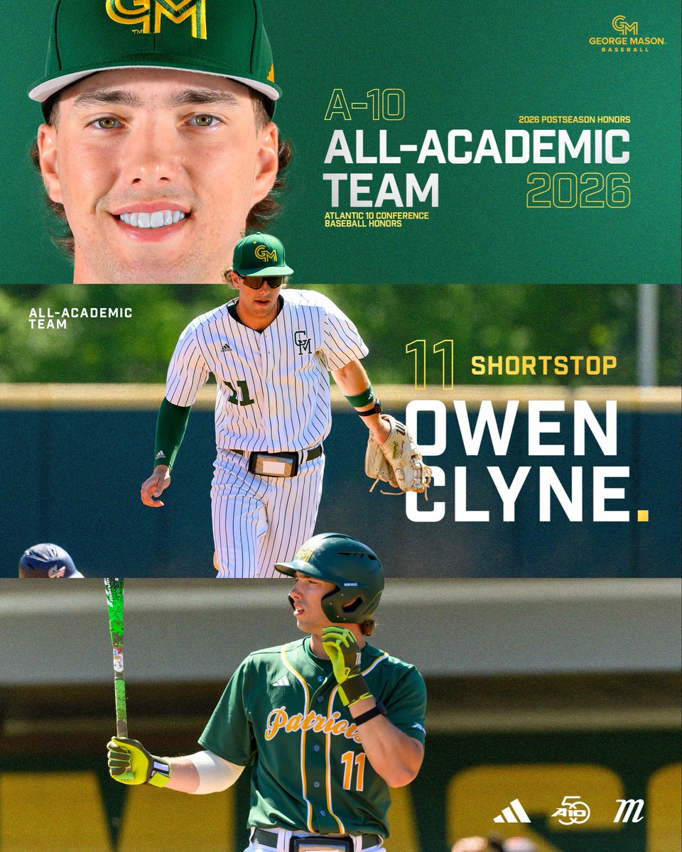 MasonBaseball's tweet photo. Taking care of business 📈🤝 💯

On &amp; Off the field: Owen Clyne is just showing off at this point. Add All- Academic honors to his impressive resume. 

#GoPats🔰 | #MasonNation https://t.co/xG9p0hYdnX